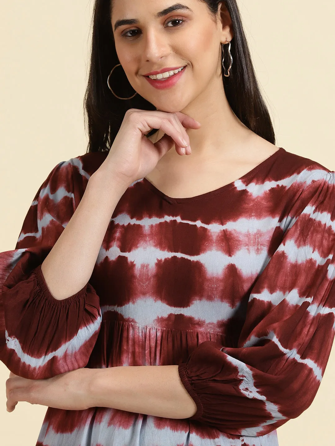 Women's Burgundy Tie Dye Fit and Flare Dress
